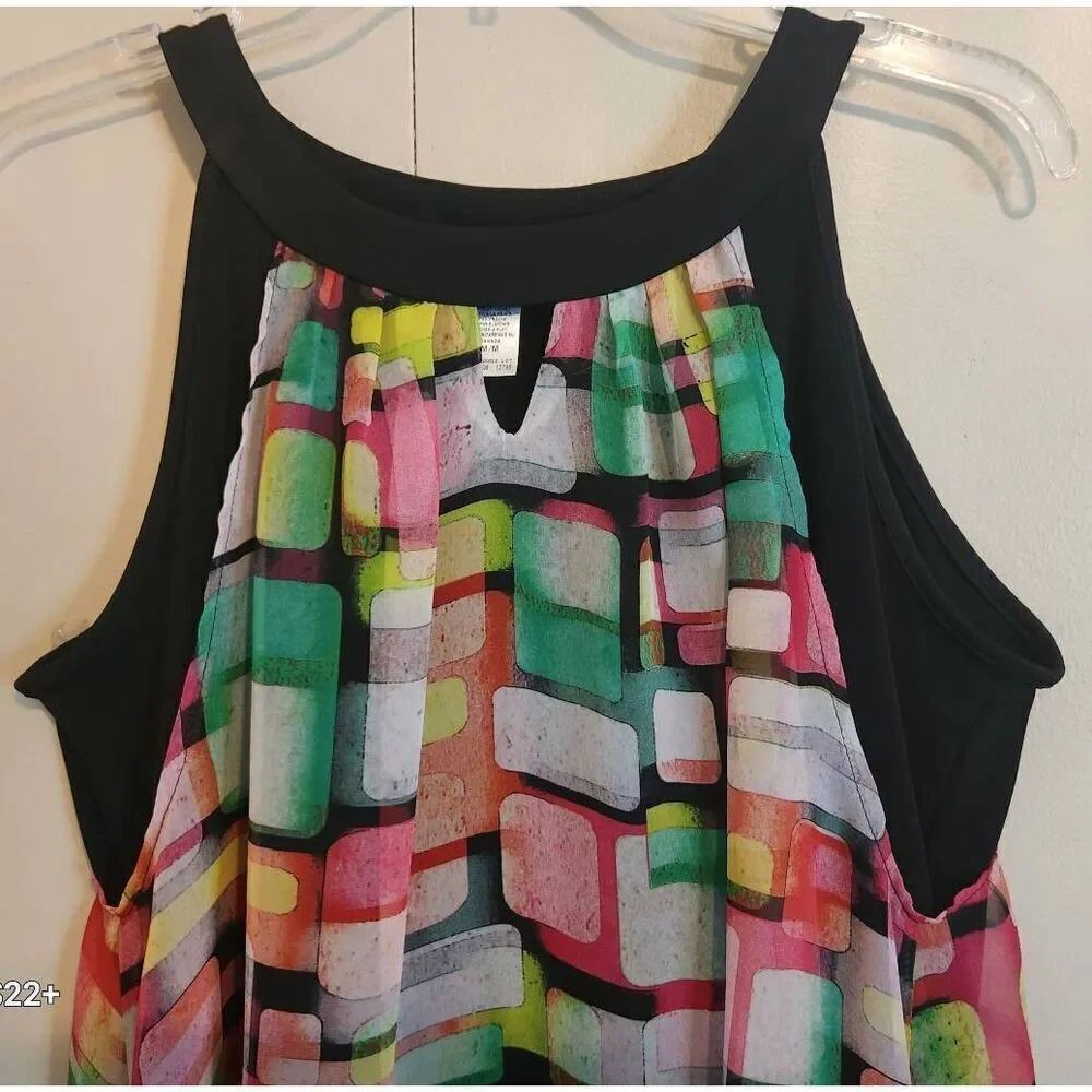 F9 Soft Works bright multicolored sheer lined tank blouse black contrast trim - Picture 2 of 11